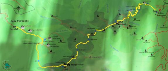 Mapa completo da travessia do Parque Nacional da Serra dos Órgãos, no Rio de Janeiro